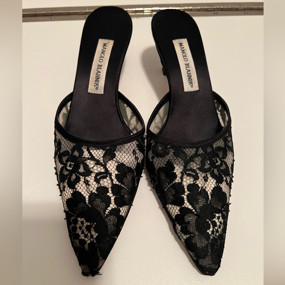 Manolo Blahnik Lace Kitten Heel Mules